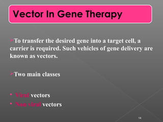 To transfer the desired gene into a target cell, a
carrier is required. Such vehicles of gene delivery are
known as vectors.
Two main classes
 Viral vectors
 Non viral vectors
14
Vector In Gene Therapy
 