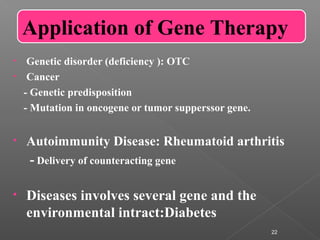 • Genetic disorder (deficiency ): OTC
• Cancer
- Genetic predisposition
- Mutation in oncogene or tumor supperssor gene.
• Autoimmunity Disease: Rheumatoid arthritis
- Delivery of counteracting gene
• Diseases involves several gene and the
environmental intract:Diabetes
22
Application of Gene Therapy
 