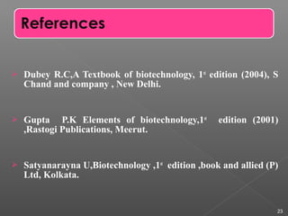 Dubey R.C,A Textbook of biotechnology, 1st
edition (2004), S
Chand and company , New Delhi.
 Gupta P.K Elements of biotechnology,1st
edition (2001)
,Rastogi Publications, Meerut.
 Satyanarayna U,Biotechnology ,1st
edition ,book and allied (P)
Ltd, Kolkata.
23
 
