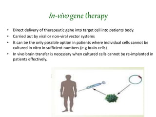In-vivo gene therapy
• Direct delivery of therapeutic gene into target cell into patients body.
• Carried out by viral or non-viral vector systems
• It can be the only possible option in patients where individual cells cannot be
cultured in vitro in sufficient numbers (e.g brain cells)
• In vivo brain transfer is necessary when cultured cells cannot be re-implanted in
patients effectively.
 