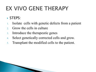  STEPS:
1. Isolate cells with genetic defects from a patient
2. Grow the cells in culture
3. Introduce the therapeutic genes
4. Select genetically corrected cells and grow.
5. Transplant the modified cells to the patient.
 