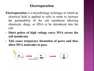 Electroporation is a microbiology technique in which an
electrical field is applied to cells in order to increase
the permeability of the cell membrane allowing
chemicals, drugs, or DNA to be introduced into the
cell.
 Short pulses of high voltage carry DNA across the
cell membrane
 This cause temporary formation of pores and thus
allow DNA molecules to pass.
 