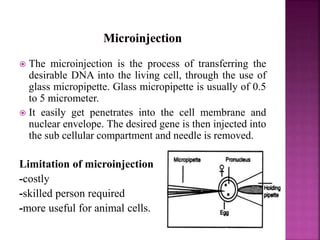  The microinjection is the process of transferring the
desirable DNA into the living cell, through the use of
glass micropipette. Glass micropipette is usually of 0.5
to 5 micrometer.
 It easily get penetrates into the cell membrane and
nuclear envelope. The desired gene is then injected into
the sub cellular compartment and needle is removed.
Limitation of microinjection
-costly
-skilled person required
-more useful for animal cells.
 