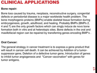 CLINICAL APPLICATIONS
Bone repair:
Bone loss caused by trauma, neoplasia, reconstructive surgery, congenital
defects or periodontal disease is a major worldwide health problem. The
bone morphogenic proteins (BMPs) enable skeletal tissue formation during
embryogenesis, growth, adulthood, and healing. Probably BMPs (BMPs 2,
4 and 7) are the only growth factors which can singly induce de novo bone
formation both in vitro and at heterotopic sites. Bone defects in the oral and
maxillofacial region can be repaired by transferring genes encoding BMP‘s .
Oral Cancer:
The general strategy in cancer treatment is to express a gene product that
will result in cancer cell death. It can be achieved by Addition of a tumor-
suppressor gene, Deletion of a defective tumor gene, Introduction of genes
to inhibit tumor angiogenesis and "Cancer vaccination" with genes for
tumor antigens.
17
 