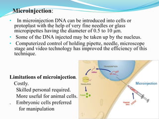 Microinjection:
• In microinjection DNA can be introduced into cells or
protoplast with the help of very fine needles or glass
micropipettes having the diameter of 0.5 to 10 μm.
• Some of the DNA injected may be taken up by the nucleus.
• Computerized control of holding pipette, needle, microscope
stage and video technology has improved the efficiency of this
technique.
Limitations of microinjection.
Costly.
Skilled personal required.
More useful for animal cells.
. Embryonic cells preferred
for manipulation
 