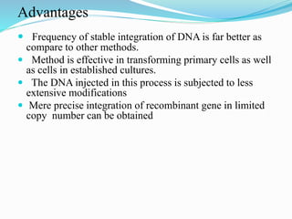 Advantages
 Frequency of stable integration of DNA is far better as
compare to other methods.
 Method is effective in transforming primary cells as well
as cells in established cultures.
 The DNA injected in this process is subjected to less
extensive modifications
 Mere precise integration of recombinant gene in limited
copy number can be obtained
 
