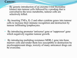 Cancer:
• By genetic introduction of an enzyme (viral thymidine
kinase) into tumour cells followed by a prodrug that is
converted to the toxic metabolite, tumour cells are
selectively killed.
• By inserting TNFa, IL-2 and other cytokine genes into tumour
cells to increase their immune recognition and destruction by
tumour infiltrating lymphocytes.
• By introducing promoter 'antisense' gene or 'suppressor' gene
which negatively regulate tumour growth.
• By introducing multidrug resistance MDR-1 gene into bone
marrow cells and render them less susceptible to destruction by
myelosuppressant drugs, toxicity of many anticancer drugs can
be overcome.
 