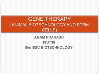 S.RAM PRAKASH
18UT38
IIIrd BSC BIOTECHNOLOGY
GENE THERAPY
(ANIMAL BIOTECHNOLOGY AND STEM
CELLS)
 