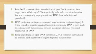 I. Pure DNA constrict: direct introduction of pure DNA construct into
target tissue ,efficiency of DNA uptake by cells and expression in rather
low and consequently large quantities of DNA have to be injected
periodically
II. DNA molecular conjugates: commonly used synthetic conjugate is poly-l-
lysine bound to specific target cell receptor ,therapeutic DNA is then made
to combine with the conjugate to form a complex .it avoids lysosomal
breakdown of DNA
III. Lipoplexes: these are lipid-DNA complexes ,DNA construct surrounded
by artificial lipid layer.most of it gets degraded by lysosomes
 