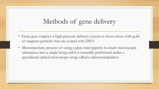 Methods of gene delivery
• Gene gun: employs a high-pressure delivery system to shoot tissue with gold
or tungsten particles that are coated with DNA
• Microinjection: process of using a glass micropipette to insert microscopic
substances into a single living cell.it is normally performed under a
specialized optical microscope setup called a micromanipulator
 