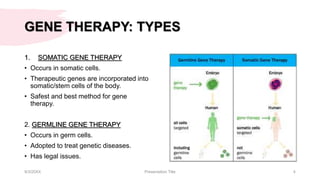 GENE THERAPY: TYPES
1. SOMATIC GENE THERAPY
• Occurs in somatic cells.
• Therapeutic genes are incorporated into
somatic/stem cells of the body.
• Safest and best method for gene
therapy.
2. GERMLINE GENE THERAPY
• Occurs in germ cells.
• Adopted to treat genetic diseases.
• Has legal issues.
9/3/20XX Presentation Title 4
 