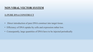 NON VIRAL VECTOR SYSTEM
1) PURE DNA CONSTRUCT
• Direct introduction of pure DNA construct into target tissue.
• Efficiency of DNA uptake by cells and expression rather low.
• Consequently, large quantities of DNA have to be injected periodically
 