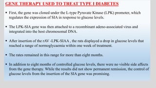 GENE THERAPY USED TO TREAT TYPE I DIABETES
 First, the gene was cloned under the L-type Pyruvate Kinase (LPK) promoter, which
regulates the expression of SIA in response to glucose levels.
 The LPK-SIA gene was then attached to a recombinant adeno-associated virus and
integrated into the host chromosomal DNA.
 After insertion of the rAV -LPK-SIAA , the rats displayed a drop in glucose levels that
reached a range of normoglycaemia within one week of treatment.
 The rates remained in this range for more than eight months.
 In addition to eight months of controlled glucose levels, there were no visible side affects
from the gene therapy. While the results did not show permanent remission, the control of
glucose levels from the insertion of the SIA gene was promising.
 