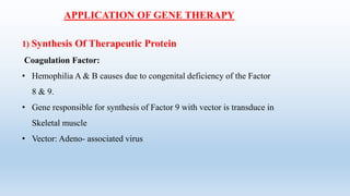 APPLICATION OF GENE THERAPY
1) Synthesis Of Therapeutic Protein
Coagulation Factor:
• Hemophilia A & B causes due to congenital deficiency of the Factor
8 & 9.
• Gene responsible for synthesis of Factor 9 with vector is transduce in
Skeletal muscle
• Vector: Adeno- associated virus
 