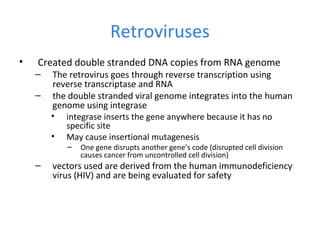 Retroviruses
• Created double stranded DNA copies from RNA genome
– The retrovirus goes through reverse transcription using
reverse transcriptase and RNA
– the double stranded viral genome integrates into the human
genome using integrase
• integrase inserts the gene anywhere because it has no
specific site
• May cause insertional mutagenesis
– One gene disrupts another gene’s code (disrupted cell division
causes cancer from uncontrolled cell division)
– vectors used are derived from the human immunodeficiency
virus (HIV) and are being evaluated for safety
 