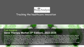 Tracking the healthcare innovation
Gene Therapy Market (5th Edition), 2022-2035
Distribution by Type of Therapy (Gene Augmentation, Oncolytic Viral Therapy, Immunotherapy and Others), Type of Gene Delivery Method
Used (Ex Vivo and In Vivo), Type of Vector Used (Adeno-associated Virus, Adenovirus, Herpes Simplex Virus, Lentivirus, Retrovirus, Non-
Viral Vectors and Others), Target Therapeutic Areas (Cardiovascular Diseases, Dermatological Diseases, Genetic Diseases, Hematological
Diseases, Infectious Diseases, Metabolic Diseases, Muscle-related Diseases, Oncological Diseases, Ophthalmic Diseases and Others),
Route of Administration (Intraarticular, Intracerebral, Intracoronary, Intradermal, Intralesional, Intramuscular, Intrapleural, Intrathecal,
Intratumoral, Intravenous, Intravesical, Intravitreal, Subretinal, Topical and Others), and Key Geographical Regions (North America, Europe,
Asia-Pacific, and Rest of the World): Industry Trends and Global Forecasts
Free Insights
 