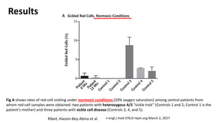 Results
Fig A shows rates of red-cell sickling under normoxic conditions (20% oxygen saturation) among control patients from
whom red-cell samples were obtained: two patients with heterozygous A/S “sickle trait” (Controls 1 and 2; Control 1 is the
patient’s mother) and three patients with sickle cell disease (Controls 3, 4, and 5).
n engl j med 376;9 nejm.org March 2, 2017
Ribeil, Hacein-Bey-Abina et al.
 
