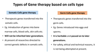 • Therapeutic genes transferred into the
somatic cells.
• Eg. Introduction of genes into bone
marrow cells, blood cells, skin cells etc.
• Will not be inherited later generations.
• At present all researches directed to
correct genetic defects in somatic cells.
• Therapeutic genes transferred into the
germ cells.
• Eg. Genes introduced into eggs and
sperms.
• It is heritable and passed on to later
generations.
• For safety, ethical and technical reasons, it
is not being attempted at present.
Somatic Cells gene therapy
Types of Gene therapy based on cells type
Germ Cells gene therapy
 