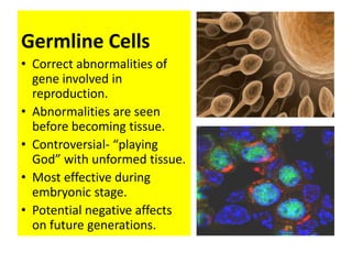 Germline Cells
• Correct abnormalities of
  gene involved in
  reproduction.
• Abnormalities are seen
  before becoming tissue.
• Controversial- “playing
  God” with unformed tissue.
• Most effective during
  embryonic stage.
• Potential negative affects
  on future generations.
 