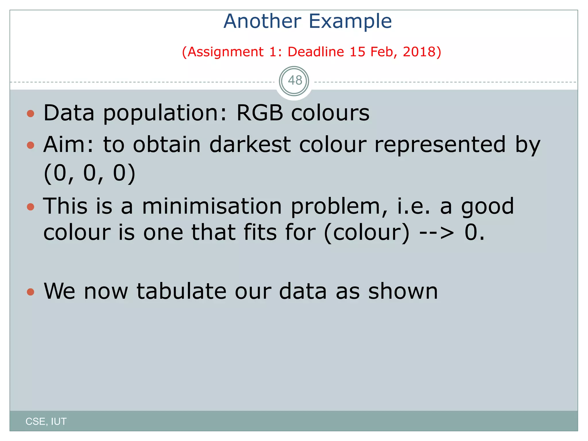 48
Another Example
(Assignment 1: Deadline 15 Feb, 2018)
 Data population: RGB colours
 Aim: to obtain darkest colour represented by
(0, 0, 0)
 This is a minimisation problem, i.e. a good
colour is one that fits for (colour) --> 0.
 We now tabulate our data as shown
CSE, IUT
 