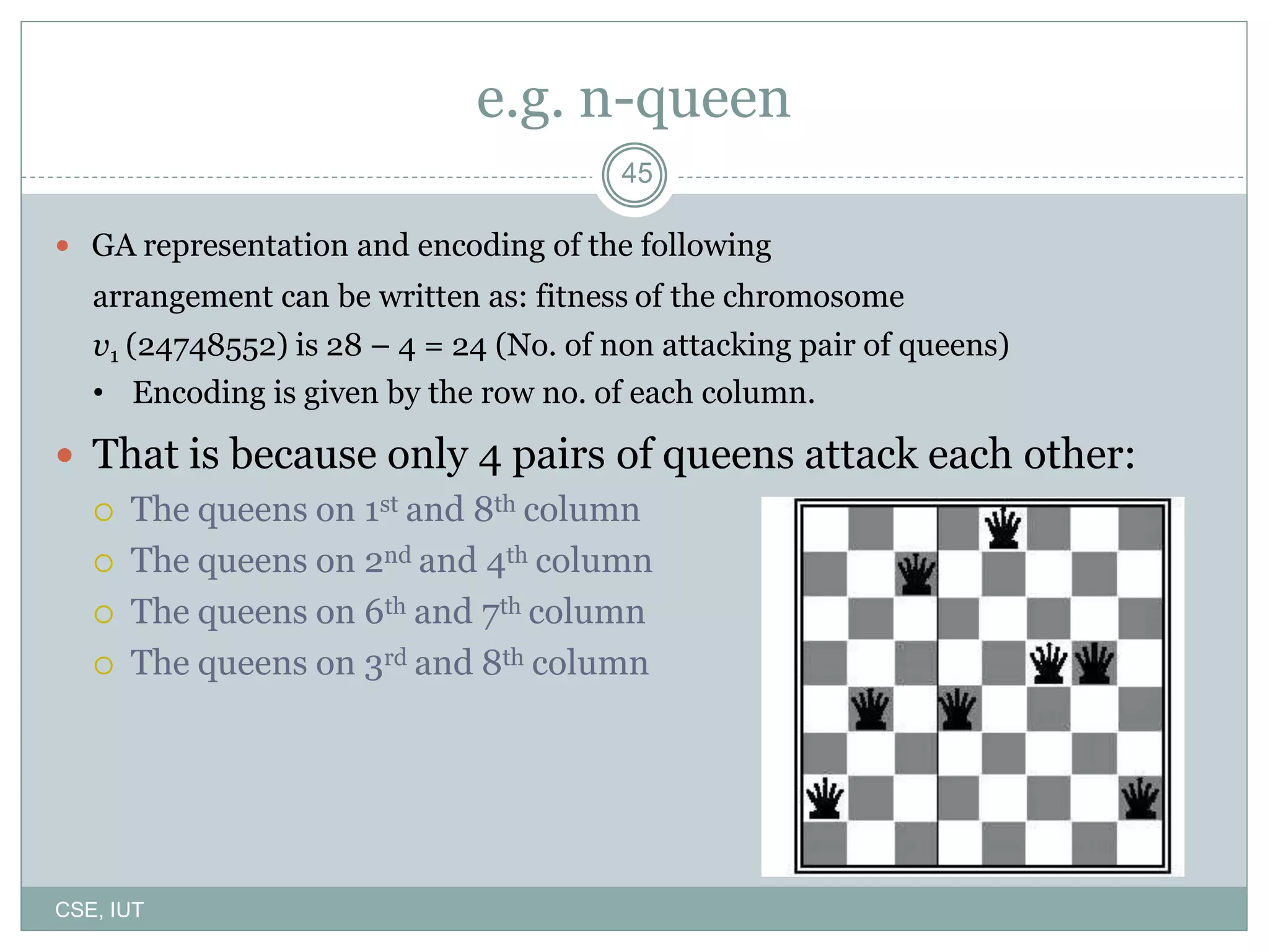 45
e.g. n-queen
 GA representation and encoding of the following
arrangement can be written as: fitness of the chromosome
v1 (24748552) is 28 – 4 = 24 (No. of non attacking pair of queens)
• Encoding is given by the row no. of each column.
 That is because only 4 pairs of queens attack each other:
 The queens on 1st and 8th column
 The queens on 2nd and 4th column
 The queens on 6th and 7th column
 The queens on 3rd and 8th column
CSE, IUT
 