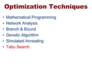 Optimization Techniques
• Mathematical Programming
• Network Analysis
• Branch & Bound
• Genetic Algorithm
• Simulated Annealing
• Tabu Search
 