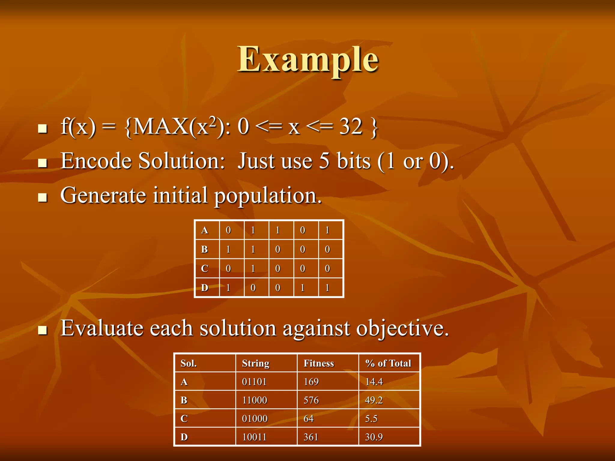 Example
 f(x) = {MAX(x2): 0 <= x <= 32 }
 Encode Solution: Just use 5 bits (1 or 0).
 Generate initial population.
 Evaluate each solution against objective.
Sol. String Fitness % of Total
A 01101 169 14.4
B 11000 576 49.2
C 01000 64 5.5
D 10011 361 30.9
A 0 1 1 0 1
B 1 1 0 0 0
C 0 1 0 0 0
D 1 0 0 1 1
 