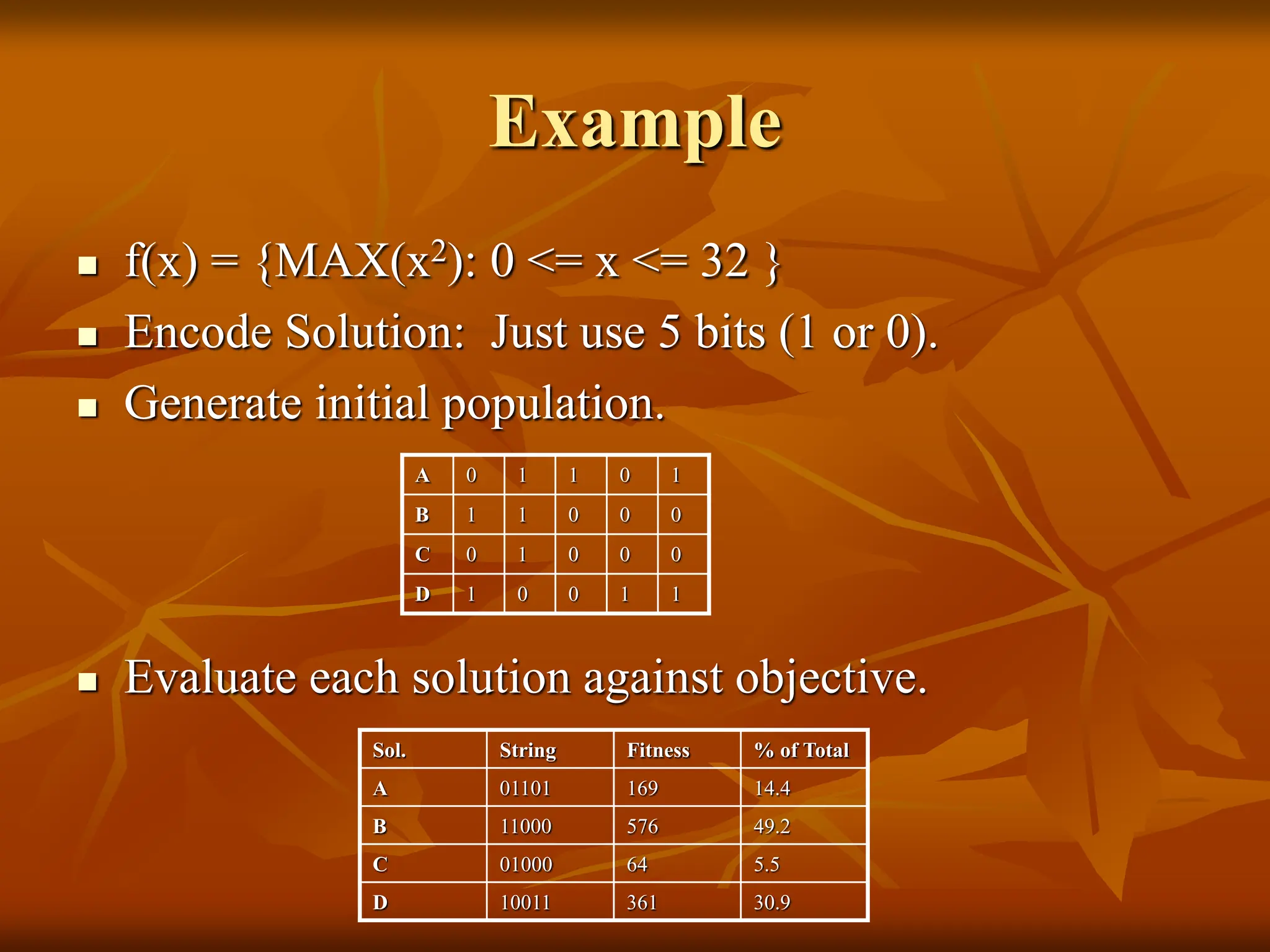 Example  f(x) = {MAX(x2): 0 <= x <= 32 }  Encode Solution: Just use 5 bits (1 or 0).  Generate initial population.  Evaluate each solution against objective. Sol. String Fitness % of Total A 01101 169 14.4 B 11000 576 49.2 C 01000 64 5.5 D 10011 361 30.9 A 0 1 1 0 1 B 1 1 0 0 0 C 0 1 0 0 0 D 1 0 0 1 1 