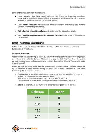 Genetic Algorithms
32
Some of the most common methods are –
 Using penalty functions which reduces the fitness of infeasible solutions,
preferably so that the fitness is reduced in proportion with the number of constraints
violated or the distance from the feasible region.
 Using repair functions which take an infeasible solution and modify it so that the
violated constraints get satisfied.
 Not allowing infeasible solutions to enter into the population at all.
 Use a special representation or decoder functions that ensures feasibility of
the solutions.
BasicTheoreticalBackground
In this section, we will discuss about the Schema and NFL theorem along with the
building block hypothesis.
Schema Theorem
Researchers have been trying to figure out the mathematics behind the working of genetic
algorithms, and Holland’s Schema Theorem is a step in that direction. Over the year’s
various improvements and suggestions have been done to the Schema Theorem to make
it more general.
In this section, we don’t delve into the mathematics of the Schema Theorem, rather we
try to develop a basic understanding of what the Schema Theorem is. The basic
terminology to know are as follows –
 A Schema is a “template”. Formally, it is a string over the alphabet = {0,1,*},
where * is don’t care and can take any value.
Therefore, *10*1 could mean 01001, 01011, 11001, or 11011
Geometrically, a schema is a hyper-plane in the solution search space.
 Order of a schema is the number of specified fixed positions in a gene.
 