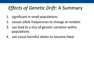 Effects of Genetic Drift: A Summary
1. significant in small populations
2. causes allele frequencies to change at random
3. can lead to a loss of genetic variation within
populations
4. can cause harmful alleles to become fixed
 