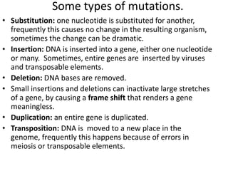 Some types of mutations.
• Substitution: one nucleotide is substituted for another,
frequently this causes no change in the resulting organism,
sometimes the change can be dramatic.
• Insertion: DNA is inserted into a gene, either one nucleotide
or many. Sometimes, entire genes are inserted by viruses
and transposable elements.
• Deletion: DNA bases are removed.
• Small insertions and deletions can inactivate large stretches
of a gene, by causing a frame shift that renders a gene
meaningless.
• Duplication: an entire gene is duplicated.
• Transposition: DNA is moved to a new place in the
genome, frequently this happens because of errors in
meiosis or transposable elements.
 