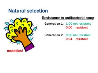 Natural selection
Resistance to antibacterial soap
mutation!
Generation 1: 1.00 not resistant
0.00 resistant
Generation 2: 0.96 not resistant
0.04 resistant
 