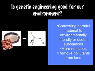 Is genetic engineering good for our environment? Converting harmful material to environmentally friendly or useful substances More nutritious Remove pollutants from land