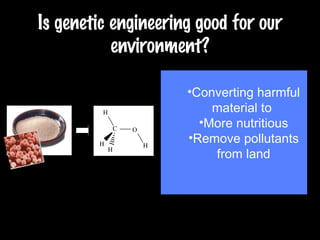 Is genetic engineering good for our environment? Converting harmful material to  More nutritious Remove pollutants from land 