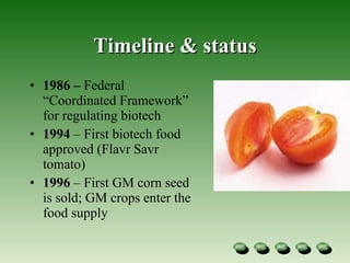 Timeline & status 1986 –  Federal “Coordinated Framework” for regulating biotech 1994  –   First biotech food approved (Flavr Savr tomato) 1996  – First GM corn seed is sold; GM crops enter the food supply 