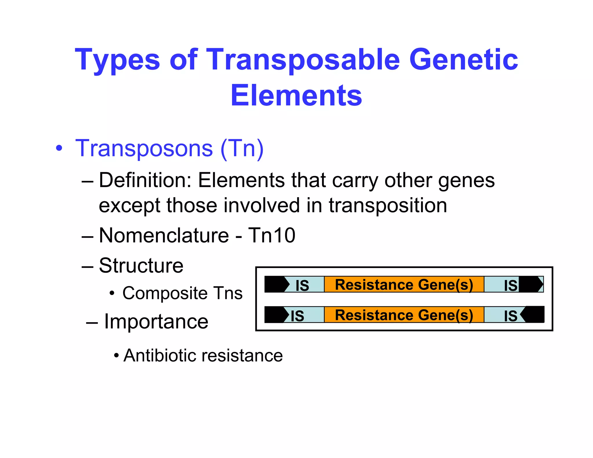 Types of Transposable Genetic
El t
Elements
T (T )
• Transposons (Tn)
– Definition: Elements that carry other genes
t th i l d i t iti
except those involved in transposition
– Nomenclature - Tn10
S
– Structure
• Composite Tns
I t
IS IS
Resistance Gene(s)
IS IS
Resistance Gene(s)
– Importance
• Antibiotic resistance
IS IS
Resistance Gene(s)
 