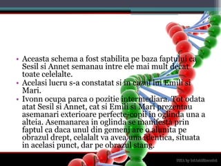 Aceasta schema a foststabilitapebazafaptului ca SesilsiAnnetsemanauintreelemaimultdecattoatecelelalte.Acelasilucru s-a constatatsi in cazulluiEmilisi Mari.Ivonnocupaparca o pozitieintermediara. Tot odataatatSesilsiAnnet, cat siEmilisi Mari prezentauasemanariexterioareperfecte-copii in oglindauna a alteia. Asemanarea in oglinda se manifestaprinfaptul ca dacaunul din gemeni are o alunitapeobrazuldrept, celalaltvaaveaunaidentica, situata in acelasipunct, darpeobrazulstang.