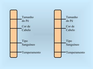 Tamanho do Pé Cor de Cabelo Tipo Sanguíneo Temperamento Tamanho do Pé Cor de Cabelo Tipo Sanguíneo Temperamento 