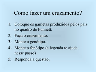 Como fazer um cruzamento? Coloque os gametas produzidos pelos pais no quadro de Punnett. Faça o cruzamento. Monte o genótipo. Monte o fenótipo (a legenda te ajuda nesse passo) Responda a questão. 