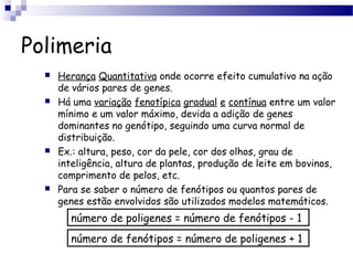 Polimeria
 Herança Quantitativa onde ocorre efeito cumulativo na ação
de vários pares de genes.
 Há uma variação fenotípica gradual e contínua entre um valor
mínimo e um valor máximo, devida a adição de genes
dominantes no genótipo, seguindo uma curva normal de
distribuição.
 Ex.: altura, peso, cor da pele, cor dos olhos, grau de
inteligência, altura de plantas, produção de leite em bovinos,
comprimento de pelos, etc.
 Para se saber o número de fenótipos ou quantos pares de
genes estão envolvidos são utilizados modelos matemáticos.
número de poligenes = número de fenótipos - 1
número de fenótipos = número de poligenes + 1
 
