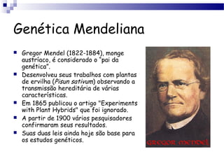 Genética Mendeliana
 Gregor Mendel (1822-1884), monge
austríaco, é considerado o “pai da
genética”.
 Desenvolveu seus trabalhos com plantas
de ervilha (Pisun sativum) observando a
transmissão hereditária de várias
características.
 Em 1865 publicou o artigo "Experiments
with Plant Hybrids" que foi ignorado.
 A partir de 1900 vários pesquisadores
confirmaram seus resultados.
 Suas duas leis ainda hoje são base para
os estudos genéticos.
 