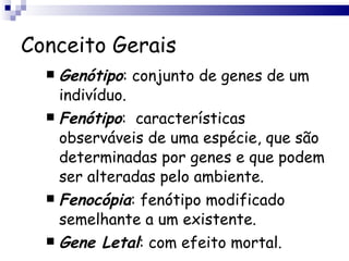 Conceito Gerais Genótipo : conjunto de genes de um indivíduo. Fenótipo :  características observáveis de uma espécie, que são determinadas por genes e que podem ser alteradas pelo ambiente. Fenocópia : fenótipo modificado semelhante a um existente. Gene Letal : com efeito mortal. 