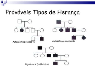 Prováveis Tipos de Herança Autossômica recessiva Autossômica dominante Ligada ao Y (holândrica) 