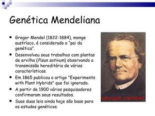 Genética Mendeliana Gregor Mendel (1822-1884), monge austríaco, é considerado o “pai da genética”. Desenvolveu seus trabalhos com plantas de ervilha ( Pisun   sativum ) observando a transmissão hereditária de várias características. Em 1865 publicou o artigo  "Experiments with Plant Hybrids" que foi ignorado. A partir de 1900 vários pesquisadores confirmaram seus resultados. Suas duas leis ainda hoje são base para os estudos genéticos. 