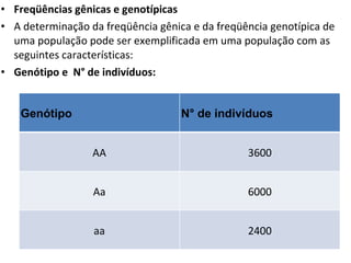Freqüências gênicas e genotípicas A determinação da freqüência gênica e da freqüência genotípica de uma população pode ser exemplificada em uma população com as seguintes características: Genótipo e  N° de indivíduos:  Genótipo N° de indivíduos AA 3600 Aa 6000 aa 2400 