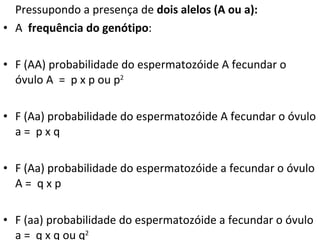 Pressupondo a presença de  dois alelos (A ou a): A  frequência do genótipo : F (AA) probabilidade do espermatozóide A fecundar o óvulo A  =  p x p ou p 2 F (Aa) probabilidade do espermatozóide A fecundar o óvulo a =  p x q F (Aa) probabilidade do espermatozóide a fecundar o óvulo A =  q x p F (aa) probabilidade do espermatozóide a fecundar o óvulo a =  q x q ou q 2  