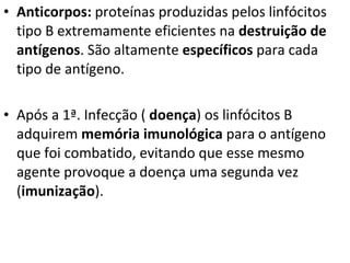 Anticorpos:  proteínas produzidas pelos linfócitos tipo B extremamente eficientes na  destruição de antígenos . São altamente  específicos  para cada tipo de antígeno. Após a 1ª. Infecção (  doença ) os linfócitos B adquirem  memória imunológica  para o antígeno que foi combatido, evitando que esse mesmo agente provoque a doença uma segunda vez ( imunização ).  