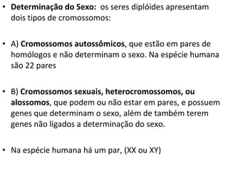 Determinação do Sexo:  os seres diplóides apresentam dois tipos de cromossomos: A)  Cromossomos autossômicos , que estão em pares de homólogos e não determinam o sexo. Na espécie humana são 22 pares B)  Cromossomos sexuais, heterocromossomos, ou alossomos , que podem ou não estar em pares, e possuem genes que determinam o sexo, além de também terem genes não ligados a determinação do sexo.  Na espécie humana há um par, (XX ou XY)  