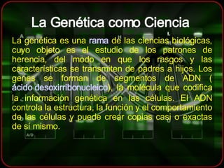 La Genética como Ciencia   La genética es una  rama  de las ciencias biológicas, cuyo objeto es el estudio de los patrones de herencia, del modo en que los rasgos y las características se transmiten de padres a hijos. Los genes se forman de segmentos de ADN ( ácido desoxirribonucleico ), la molécula que codifica la información genética en las células. El ADN controla la estructura, la función y el comportamiento de las células y puede crear copias casi o exactas de sí mismo. 