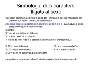 Simbologia dels caràcters
lligats al sexe
Seguirem assignant una lletra a cada gen i utilitzarem la lletra majúscula pel
caràcter dominant i minúscula pel recessiu.
Aquestes lletres es posaran com exponent de la X o la Y, quan aquests gens
estiguin en aquests cromosomes.
Exemple :
X D
= al·lel que indica no daltònic
X d
= al·lel que indica daltònic
Y (no ha de tenir ni D ni d perque el gen està en el cromosoma X)
X d
X d
= dona daltònica X D
Y = home no daltònic
X D
X D
= dona no daltònica X d
Y = home daltònic
X D
X d
= dona no daltònica, però portadora
( a vegades el caràcter normal no s’indica i es deixa la lletra X sense exponent)
 